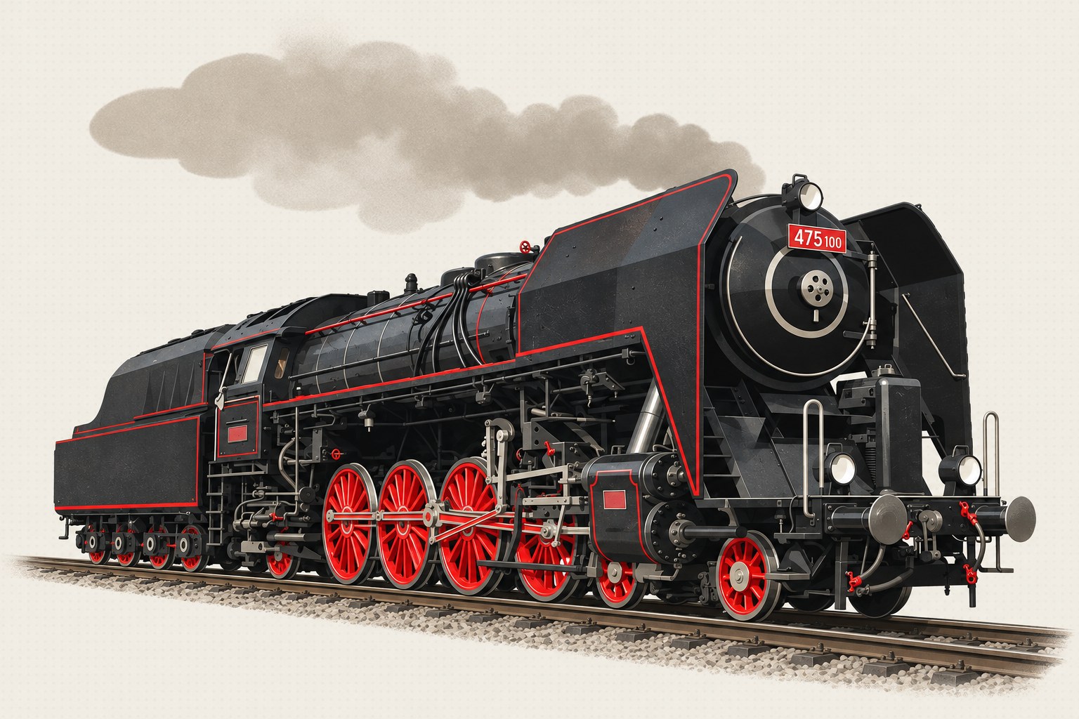 Ilustrace parní lokomotivy 475 s oblakem kouře